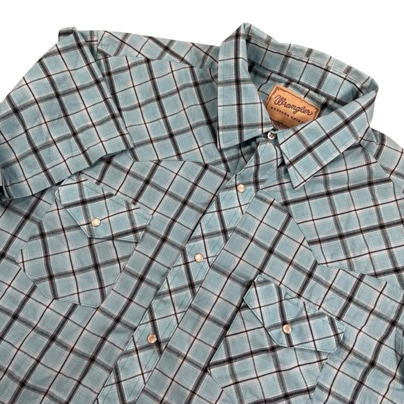 VTG Wrangler Pearl‎ Snap XL Western Short Sleeve Blue Teal Plaid Performance - Picture 1 of 7